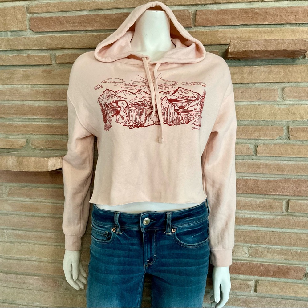 Cropped Pink Fleece Hoodie Landscape Mountain Scene Perrine Man Press Idaho